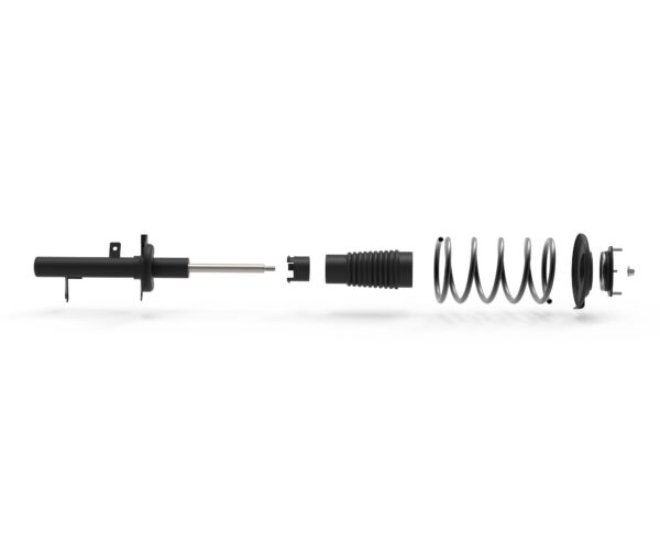 Vehicle suspension absorber in explode view with components. 3D illustration